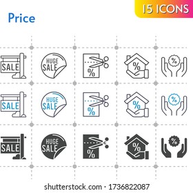 price icon set. included sale, mortgage, voucher, discount icons on white background. linear, bicolor, filled styles.