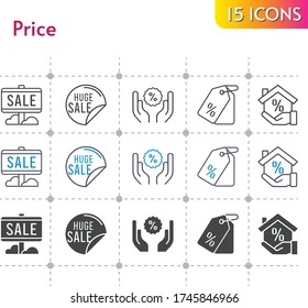 price icon set. included sale, mortgage, price tag, discount icons on white background. linear, bicolor, filled styles.