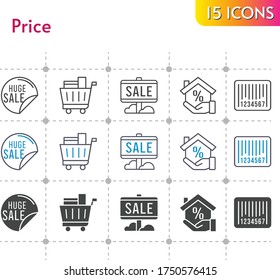 price icon set. included sale, mortgage, shopping cart, barcode icons on white background. linear, bicolor, filled styles.