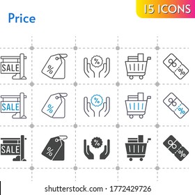price icon set. included sale, price tag, shopping cart, discount icons on white background. linear, bicolor, filled styles.