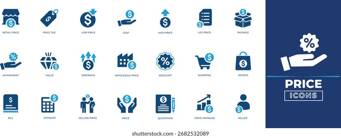 Price icon set for pricing strategy, cost analysis, discounts, bargain, cost, invoice, pricing, sales labels, price tags, e-commerce offers and business finance. Solid icon collection.