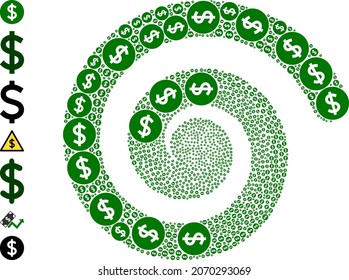Price icon spiral collage. Price elements are composed into whirlpool design concept. Object spiral is designed from randomly allocated price icons. Some similar icons are pictured.