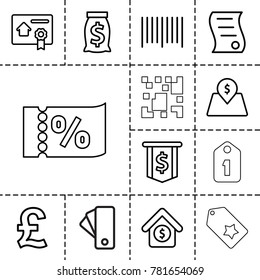 Price icons. set of 13 editable outline price icons such as money sack, dollar sign, pound, bar code, house sale, lot price, bill of house sell, tag, ticket on sale