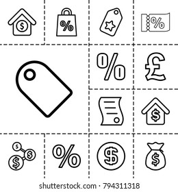 Price icons. set of 13 editable outline price icons such as tag, dollar sign, pound, percent, shopping sale, buying a house, house sale, bill of house sell, dollar coin