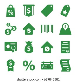 Price icons set. set of 16 price filled icons such as tag, bar code, buying a house, house sale, sold tag, lot price, money sack, shopping sale, percent, dollar sign