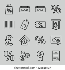 Price icons set. set of 16 price outline icons such as bar code, house sale, sold tag, sale tag, bill of house sell, bill of house, tag, percent, dollar sign, dollar award