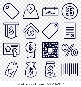 Price icons set. set of 16 price outline icons such as tag, bar code, house sale, sale tag, lot price, bill of house sell, bill of house, dollar coin, money sack, qr code
