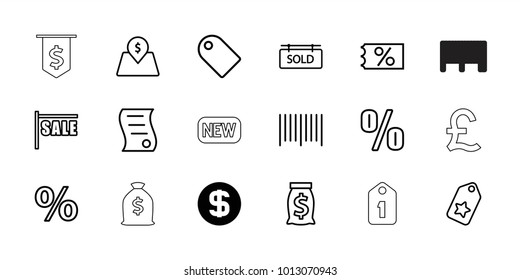Price icons. set of 18 editable outline price icons: dollar coin, tag, sale, ticket on sale, money sack, bar code, percent, sold tag, lot price, bill of house sell, new