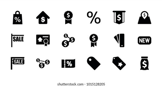 Price icons. set of 18 editable filled price icons: tag, sale, money sack, dollar sign, dollar award, shopping sale, buying a house, lot price, bill of house sell, new