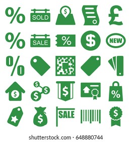 Price icons set. set of 25 price filled icons such as tag, bar code, house sale, sold tag, sale tag, lot price, bill of house sell, dollar coin, money sack, percent, new