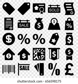 Price icons set. set of 25 price filled icons such as tag, bar code, buying a house, house sale, sold tag, sale tag, lot price, dollar coin, money sack, percent, qr code