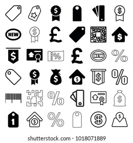 Price icons. set of 36 editable filled and outline price icons such as tag, new, dollar award, pound, buying a house, house sale, bill of house sell, money sack, qr code