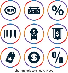 Price icons set. set of 9 price filled icons such as bar code, sold tag, dollar coin, percent, tag, new, dollar award