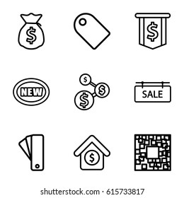 Price icons set. set of 9 price outline icons such as tag, house sale, sale tag, money sack, new, qr code