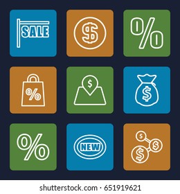 Price icons set. set of 9 price outline icons such as lot price, dollar coin, money sack, sale, new, dollar sign, percent