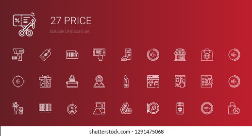 price icons set. Collection of price with online shopping, sign, tags, fuel, discount, barcode, gas, online shop, supermarket, shop, supermarket gift. Editable and scalable price icons.