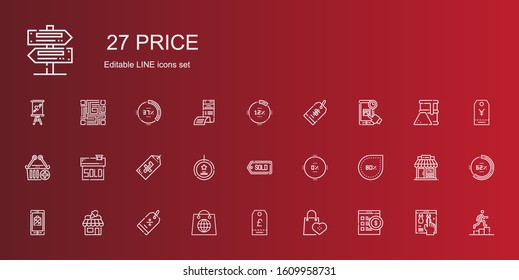 price icons set. Collection of price with online shop, supermarkets, tag, shopping, discount, shop, mobile shopping, percentage, best seller. Editable and scalable price icons.