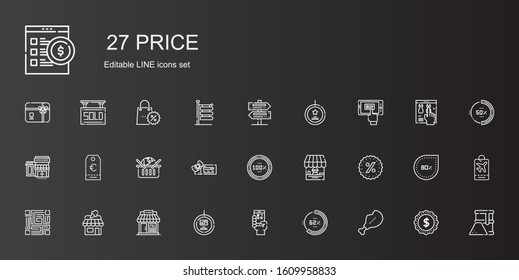 price icons set. Collection of price with supermarket, percentage, qr code, tag, shop, promotions, voucher, online shopping, supermarkets, mobile shopping. Editable and scalable price icons.