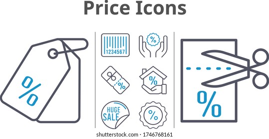 price icons set. included sale, mortgage, voucher, price tag, discount, barcode icons. bicolor styles.