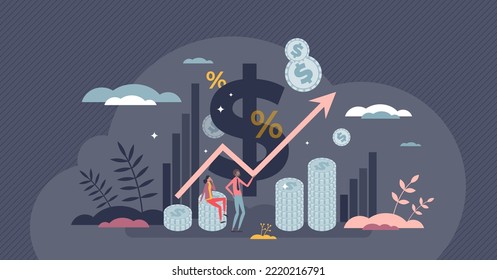 El aumento de precios y los gastos financieros de los hogares aumentan el concepto de persona pequeña. Crisis de mercado costosa y recesión de las acciones con ilustración vectorial de predicción de inflación. Aumento del valor del porcentaje hipotecario.