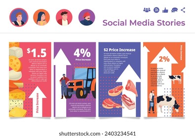 Aumento de precios de la publicidad en internet de la interfaz móvil historias de medios sociales set ilustración vectorial. Tienda de servicios agrícolas producción de alimentos crecimiento financiero planificación comercial diseño de afiches en línea