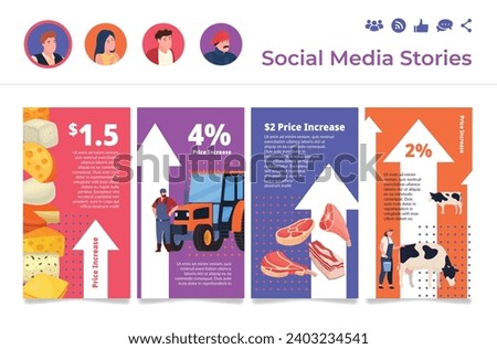 Price increase internet advertising mobile interface social media stories set vector illustration. Agriculture service shop food production financial growth commercial planning online poster design