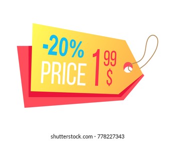 Price label with info about discounts and final cost hanging arrow shape label shopping tag isolated on white background vector in flat style design
