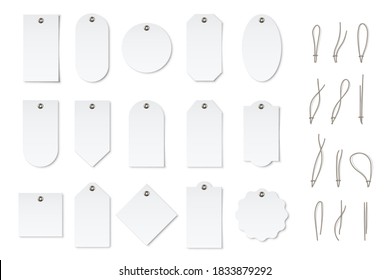 Price or label tags mockup template set. Blank cards and strings for gifts or sales with different shapes: round, rectangle, square. Empty stickers with information message vector illustration.