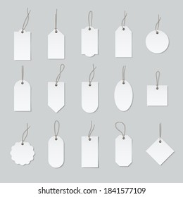 Price or label tags mockup template set. Blank cards and strings for gifts or sales with different shapes: round, rectangle, square. Empty stickers with information message vector illustration.