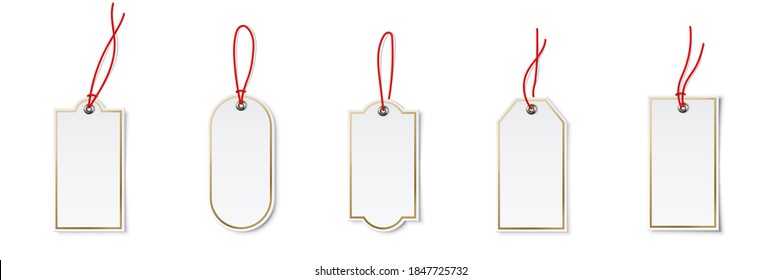 Price or label tags mockup template set. Blank cards with red strings for gifts or sales with different shapes: ellipse, rectangle. Empty stickers with red frames vector illustration.