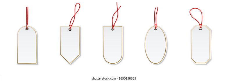 Price or label tags mockup template set. Blank cards with red strings for gifts or sales with different shapes: ellipse, rectangle. Empty stickers with red frames vector illustration.