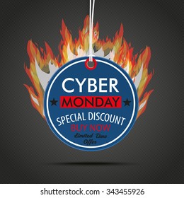 Price label with text cyber monday and fire on the dark background. Eps 10 vector file.