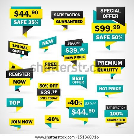 Price labels and banners, isolated from background. 
