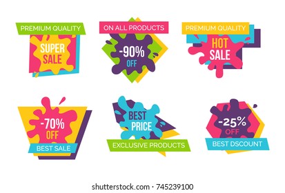 Price labels set premium quality super sale stickers best prices on exclusive products collection of advertising stickers vector illustrations on white