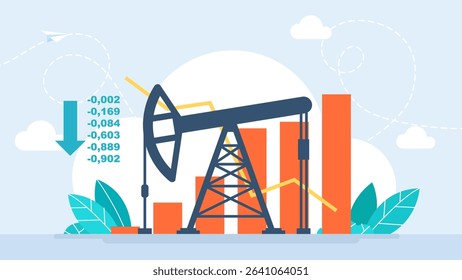 The price limit dollars per barrel. A graph of arrow and an oil rig pump. Sanctions and crisis. Graph of oil and dollars. Dependence of amount of from sale. Vector illustration