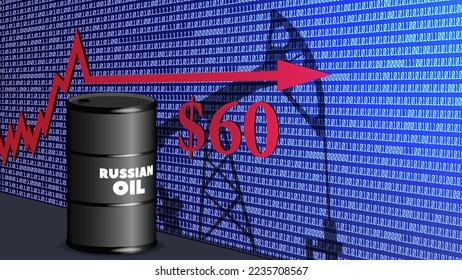 The price limit for Russian oil is 60 dollars per barrel. 3d cask with a graph of a red arrow on the background of a screen of numbers and a shadow from an oil rig pump. Sanctions and crisis.