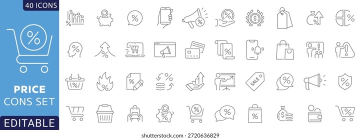 Conjunto de iconos de línea de Precio. Contiene el Precio, la etiqueta del Precio, el coste, la cita, la Factura, la estimación, el producto, el descuento y más. Totalmente Editable. Ilustración vectorial.