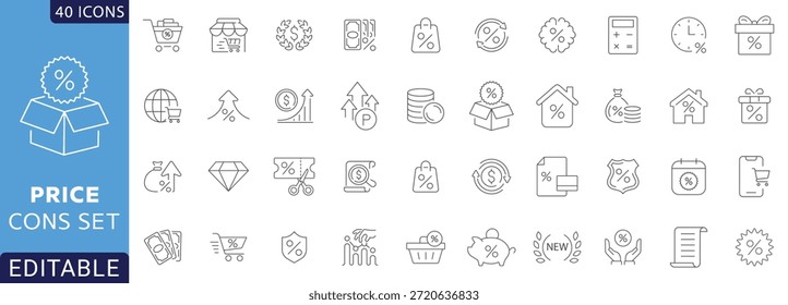 Conjunto de iconos de línea de Precio. Contiene el Precio, la etiqueta del Precio, el coste, la cita, la Factura, la estimación, el producto, el descuento y más. Totalmente Editable. Ilustración vectorial.