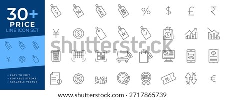 Price Line Icon Set for ecommerce, money, finance, retail, and sales, featuring tags, currency symbols, discount percentages, calculators, shopping bags, receipts, and market trend charts.