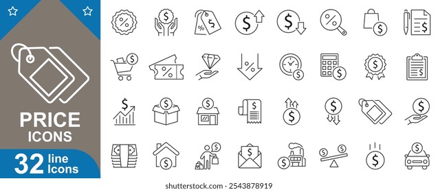 Price line icons set. Dollar, cost, discount, sale, payment, tag, affordability, value, pricing and more. vector illustration.