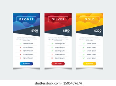 Price list with 3 tables, comparative table template, product table design template, price ui for web pricing, infographic tariff table design vector. Fluid gradient style