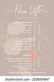 Price list for a beauty salon, massage parlor or nails art. Small business of beauty and beauty treatments