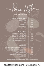 Price List For A Beauty Salon, Massage Parlor Or Nails Art. Small Business Of Beauty And Beauty Treatments In Boho Style