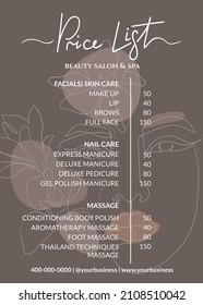 Price List For Beauty Salon, Massage Parlor Or Nail Art Dark Shade. Small Business Of Beauty And Beauty Treatments In Boho Style