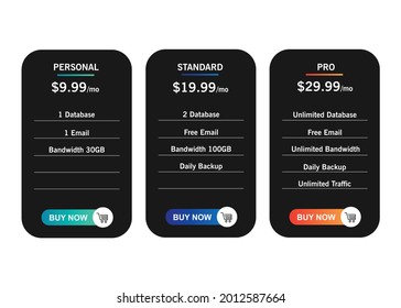 Price list comparison. 3 featured price list tables for Personal, Standard and Professional tariff banners. Vector illustration