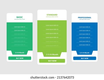 Price list comparison. 3 featured price list tables for Basic, Standard and Professional tariff banners. Vector illustration