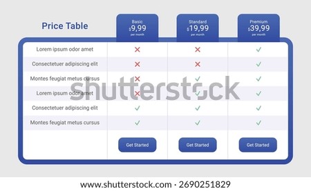 Price List Comparison Table Template Design