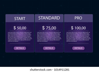 Price list, hosting plans and web boxes banners design. three tariffs. interface for the site. ui ux vector banner for web app.