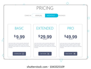 Price list, hosting plans and web boxes banners design. 3 tariffs. interface for the site. ui ux vector banner for website in flat design.