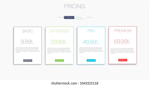 Price list, hosting plans and web boxes banners design. 3 tariffs. interface for the site. ui ux vector banner for website in flat design.